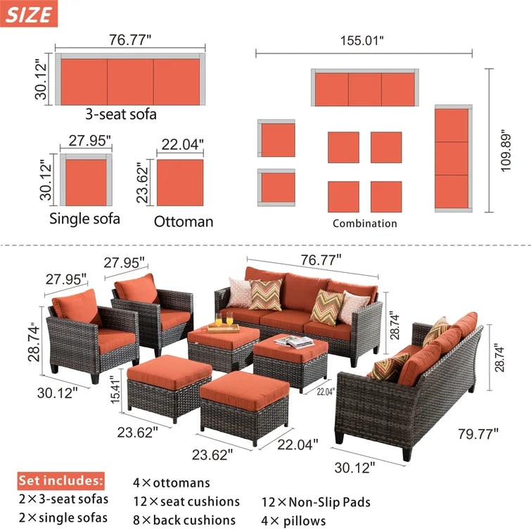 Outdoor Garden Patio Furniture 10-Piece PE Rattan Wicker Sectional Cushioned Sofa Sets with Pillows and footstool 6