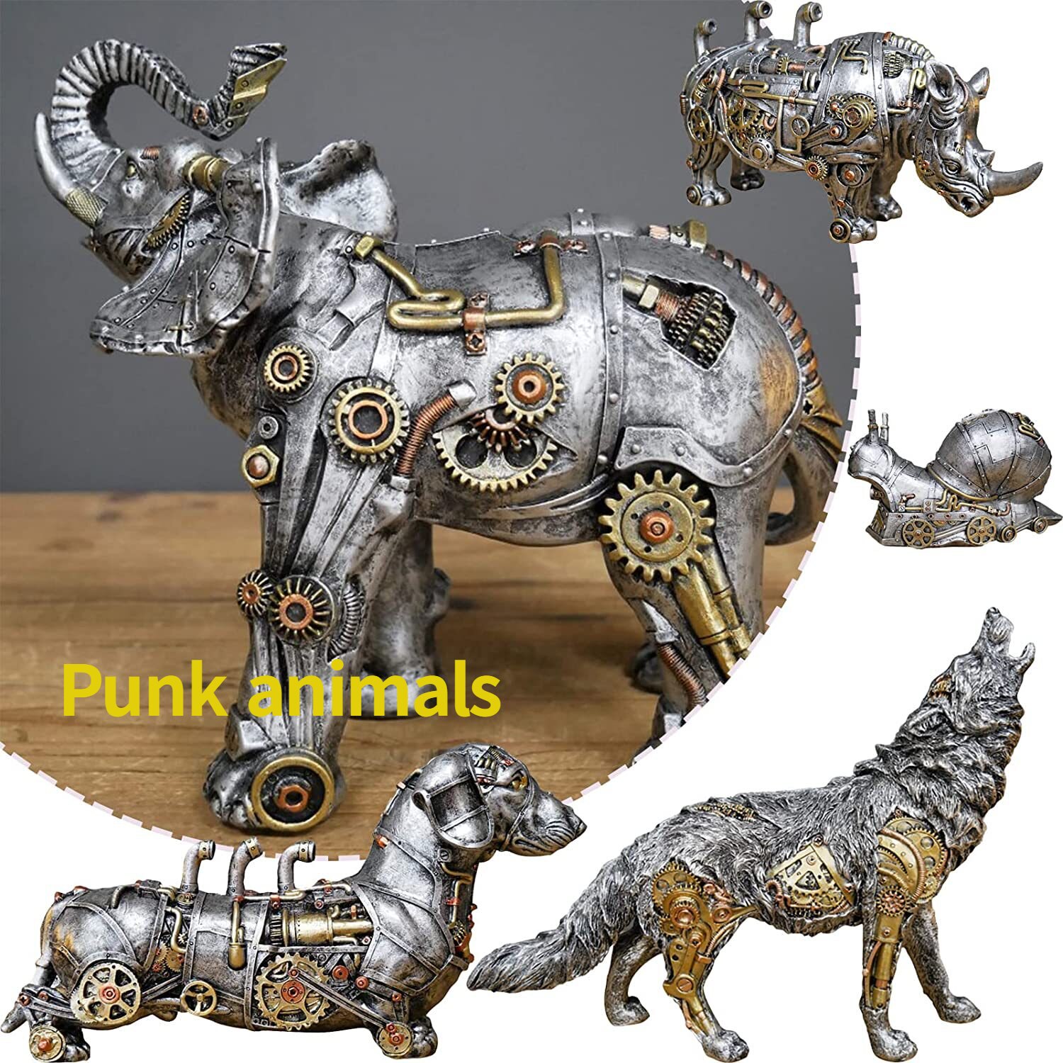 Mechanical Dog Wolf Elephant Snail Rhino Statue Punk Style Figurine Sculpture Home Office Desk Ornament Modern Ferocious Decor 1