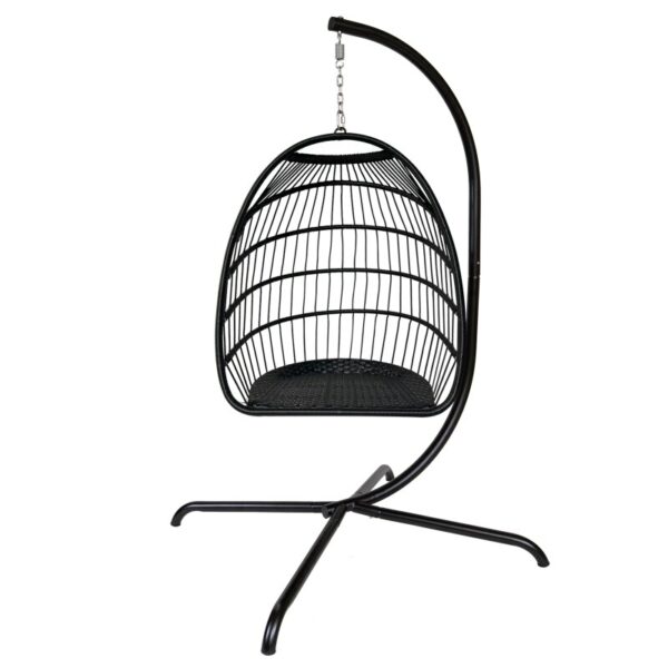 Swing Egg Chair with C-Bracket, Rattan Patio Hanging Basket, Folding Hanging Chair with Cushion and Pillow, Black (In Stock) 5