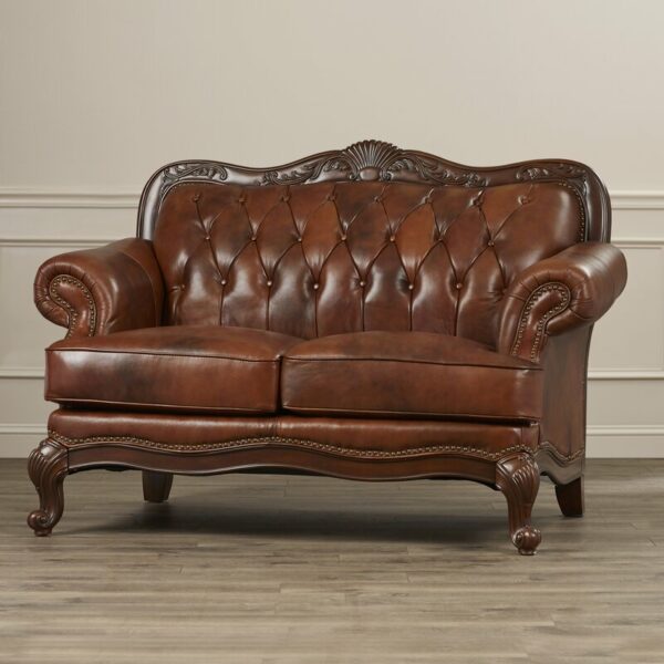 Modern Classic Vintage Design Brown Leather Flared Roll Arm Solid Wood Leg Sofa Lovers 43"H x 64"W x 39"D 3