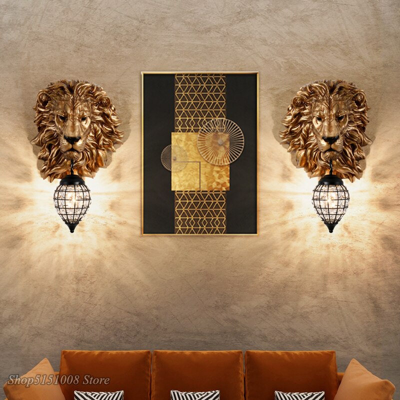 Nordic Black Gold Lion Wall Lights Animal Lion Head Resin Art Wall Lamp Luxury Decor Kitchen Wall Sconce Bedroom Indoor Lighting 4