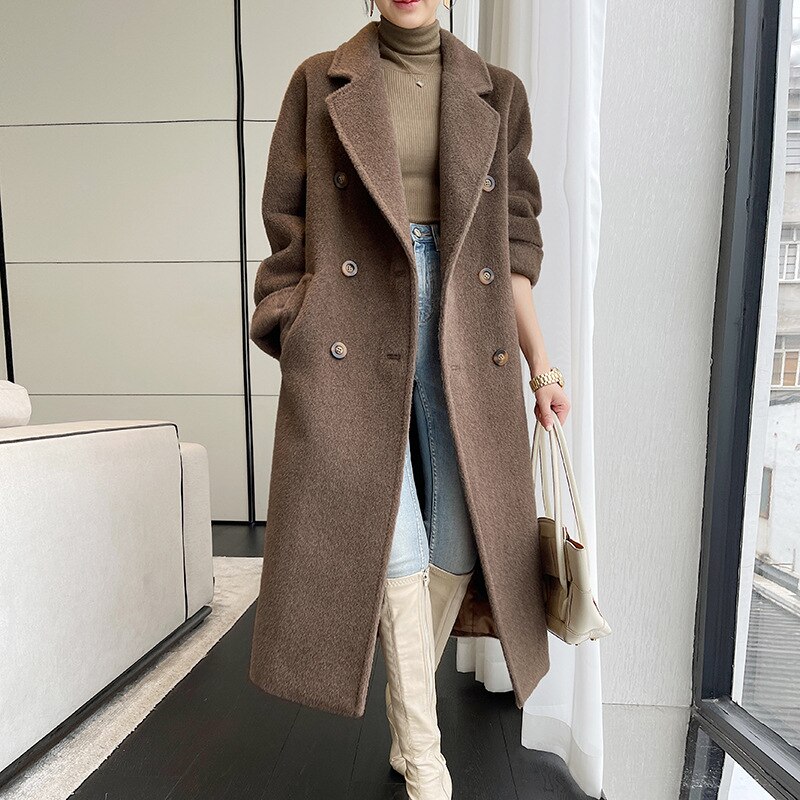 Peru Alpaca Camel Cashmere Coat Women's Mid-Length Alpaca Autumn and Winter Thickening Double-Breasted Wool Coat Women 5