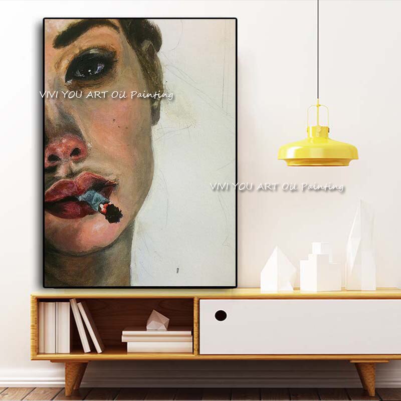 100% Handmade Abstract Women Smoking Portrait Oil Painting Large Size Wall Art Modern Office Wall Canvas Home Decoration Gift 3
