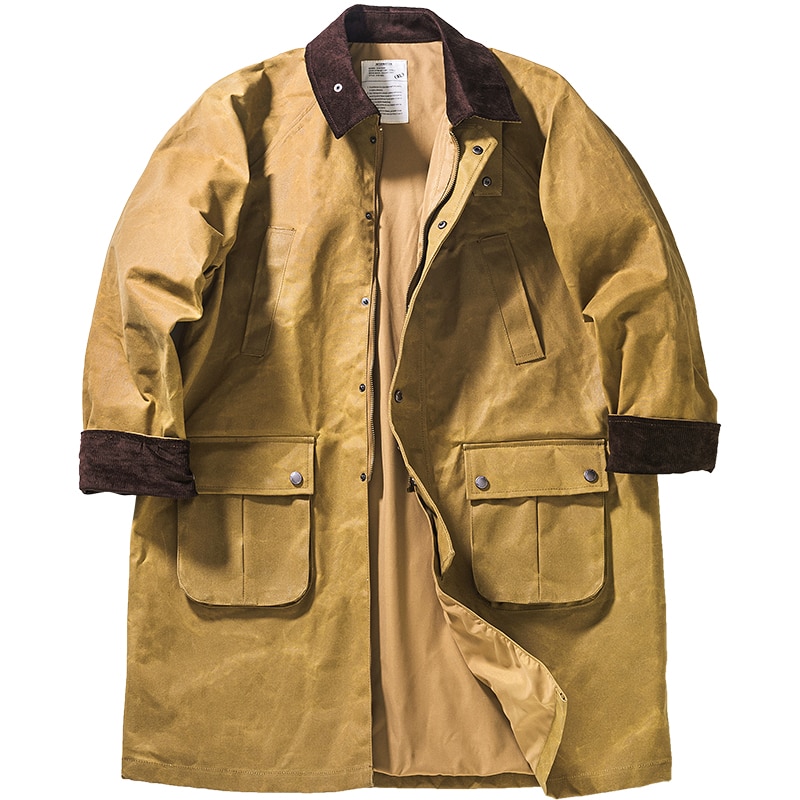 Men's Oil-wax Trench Coat Long Loose Waterproof Military Windbreaker Safari Biker Jacket Spring Autumn Outdoor Vintage Clothes 1