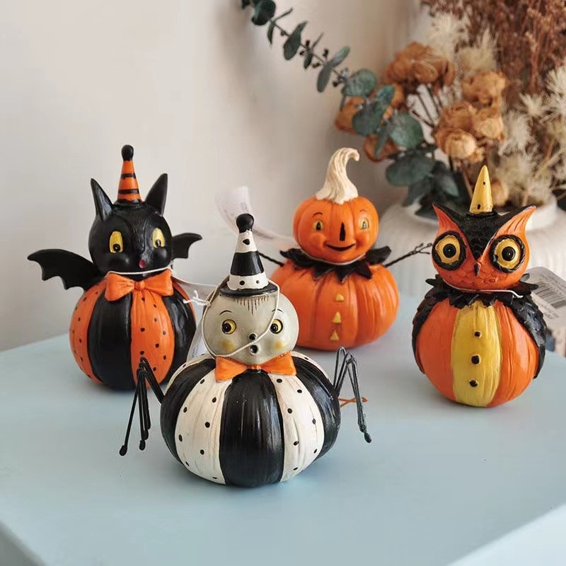 4pcs/set Halloween Pumpkin Statue 11cm Owl Bat Spider Pumpkin Sculpture Ornaments Halloween Gifts Home Decoration 1