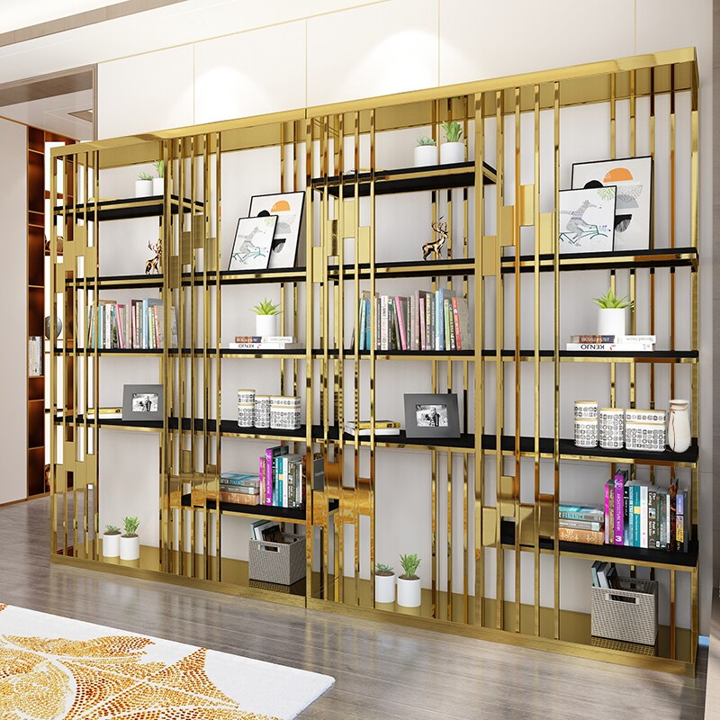 Light luxury modern stainless steel bookshelf study bookcase simple storage shelf living room display shelf 2
