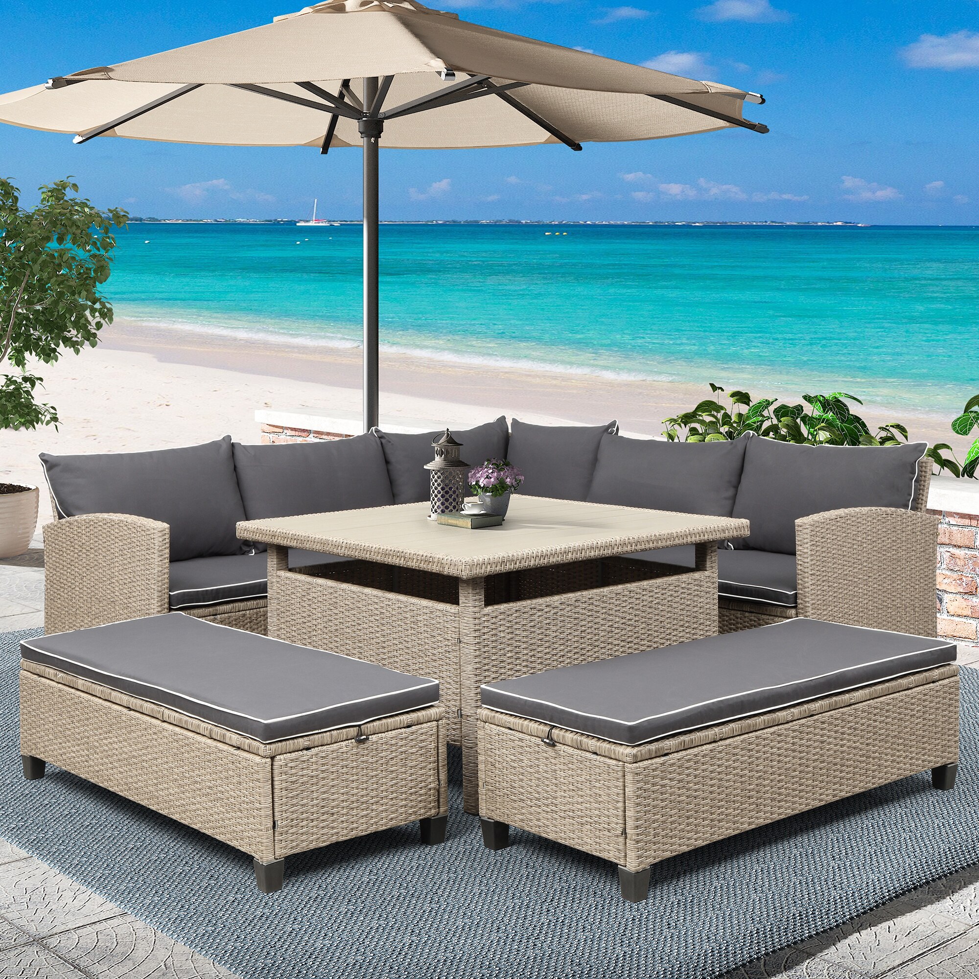 6-Piece Patio Furniture Set Outdoor Wicker Rattan Sectional Sofa With Table And Benches For Backyard Garden Poolside 4