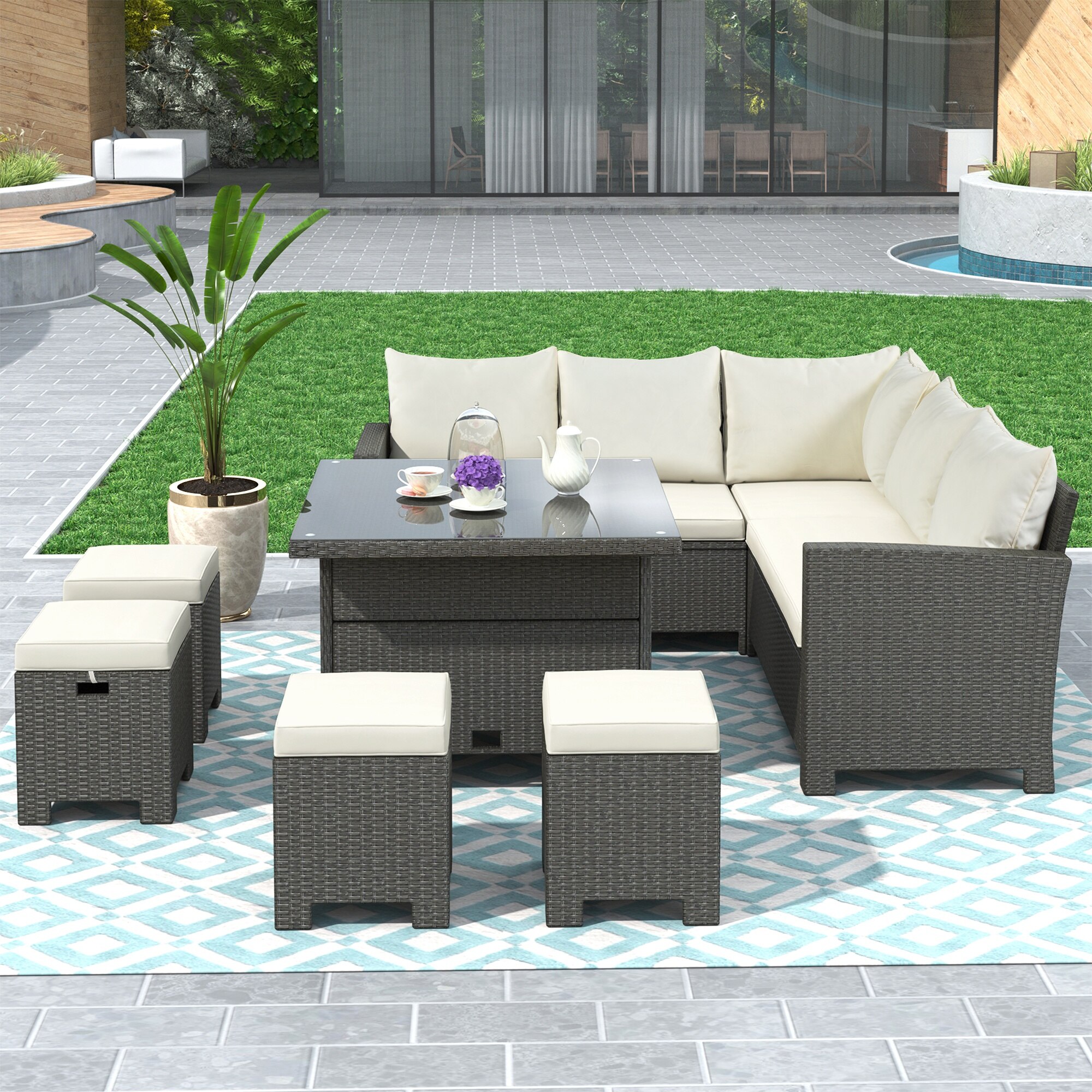 Outdoor Furniture Garden Sofas Patio Furniture Set 8 Piece Outdoor Conversation Set Dining Table Chair With Ottoman Cushions 2