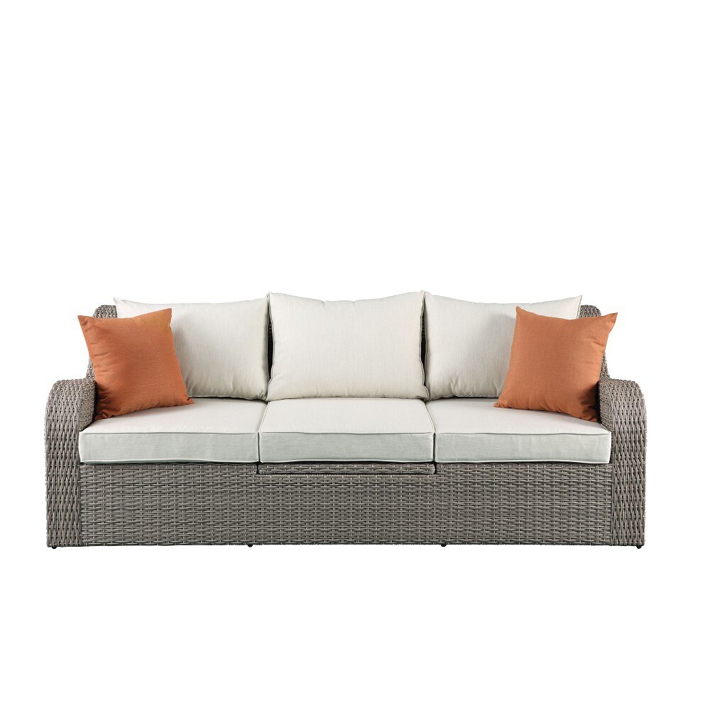 Patio Sectional & 2 Ottomans (2 Pillows) in Beige Fabric & Gray Wicker