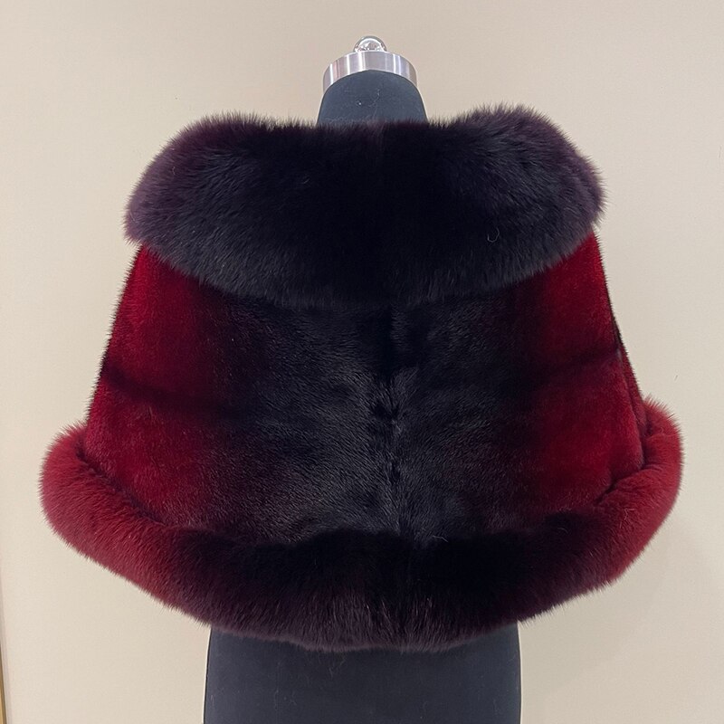 Women's Real Mink Fur Poncho With Genuine Fox Fur Trim Fashion Real Fur Cape Luxury Wedding Shawl Winter Warm Coat S7436 2