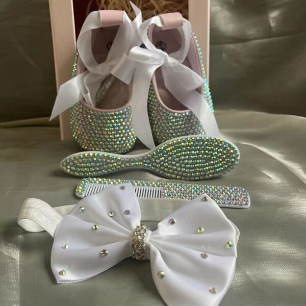 Dollbling Baby Shoes Newborn Gift Set Bottle Headband Rhinestons Comb Wedding Occasion Baby Monogram Sparkly Ballerina 4