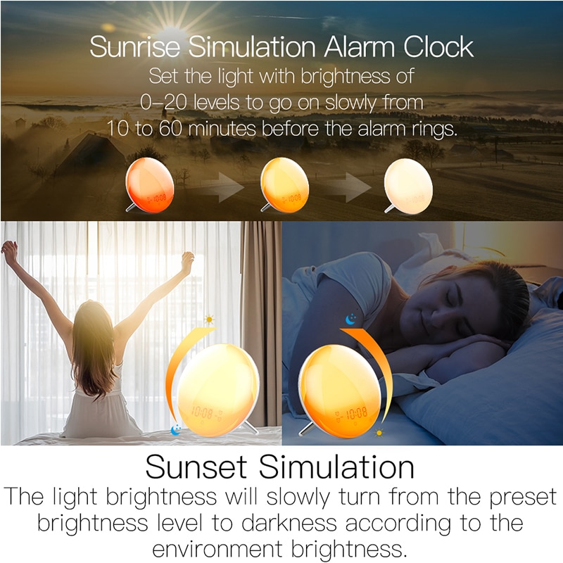 WiFi Smart Wake Up Light Workday Clock Sunrise/Sunset Simulation 4 Alarms Works with Alexa Google Home Tuya App Remote Control 2