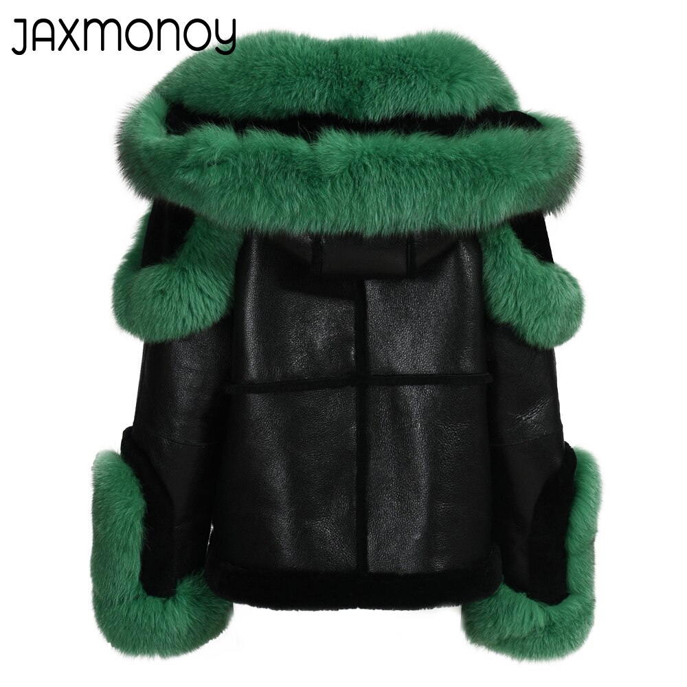 Jaxmonoy Women Shearling Coat Big Real Fox Fur Collar Ladies Sheep Fur Toscany Jacket 2022 New Thick Warm Genuine Leather Jacket 6