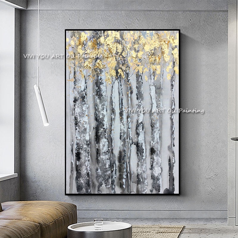 Foil Gold Forest Tree Hand Painted Oil Paintings on Canvas Abstract Large Painting Wall Picture for Home Office Brush Decor 6