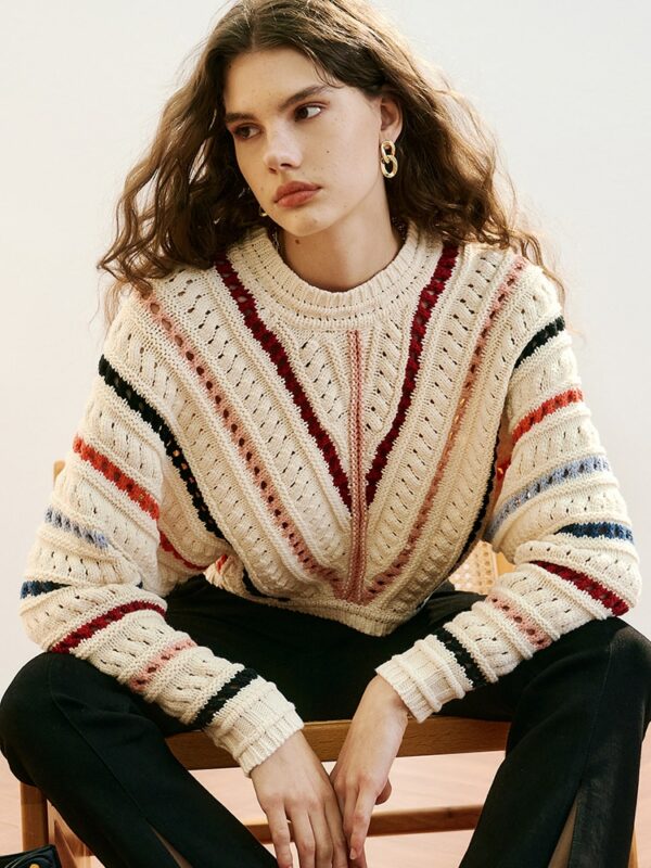 Coarse Needle Color Striped Women Sweater 2022 Autumn Winter Crew-neck French Pairs Design Brand New 1