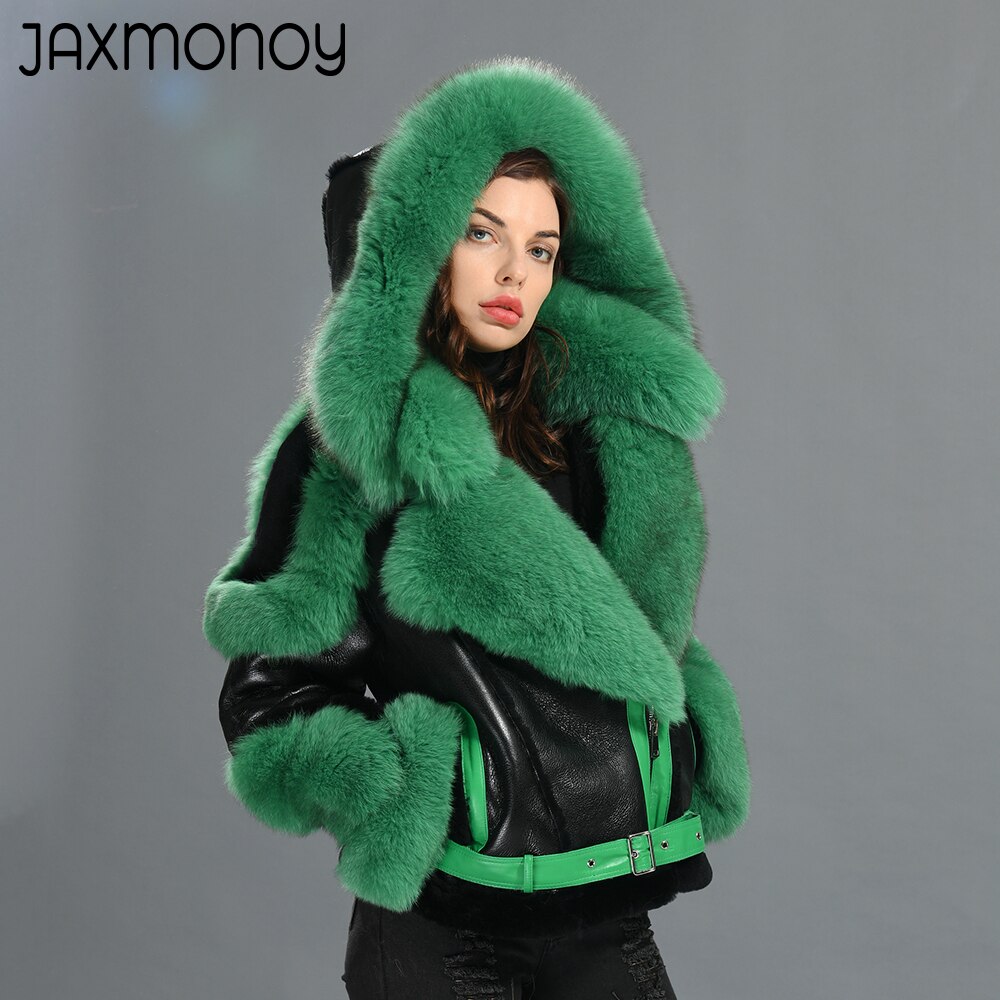 Jaxmonoy Women Shearling Coat Big Real Fox Fur Collar Ladies Sheep Fur Toscany Jacket 2022 New Thick Warm Genuine Leather Jacket 4