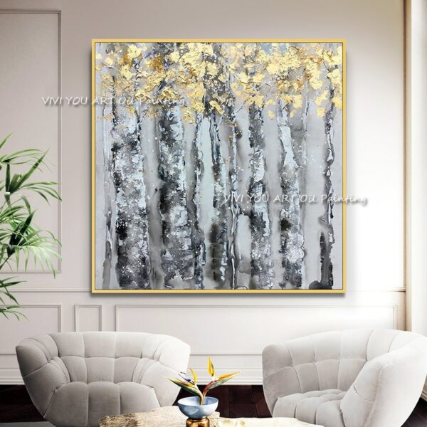 Foil Gold Forest Tree Hand Painted Oil Paintings on Canvas Abstract Large Painting Wall Picture for Home Office Brush Decor 1