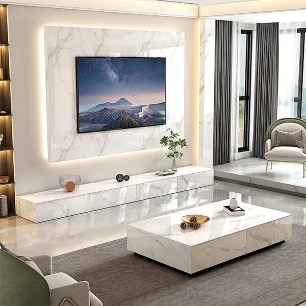 White Luxury Glossy Surface Marble Rock Tea Table TV Cabinet Modern Simple Living Room Household Storage Cabinet Large Tables 3