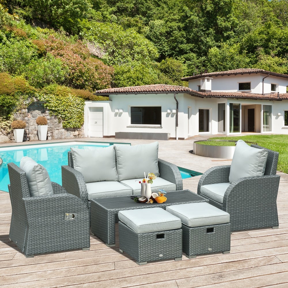 6 PCS Outdoor Rattan Wicker Sofa Set Patio All Weather Furniture w/ Tea Table & Cushion for Backyard Garden Grey