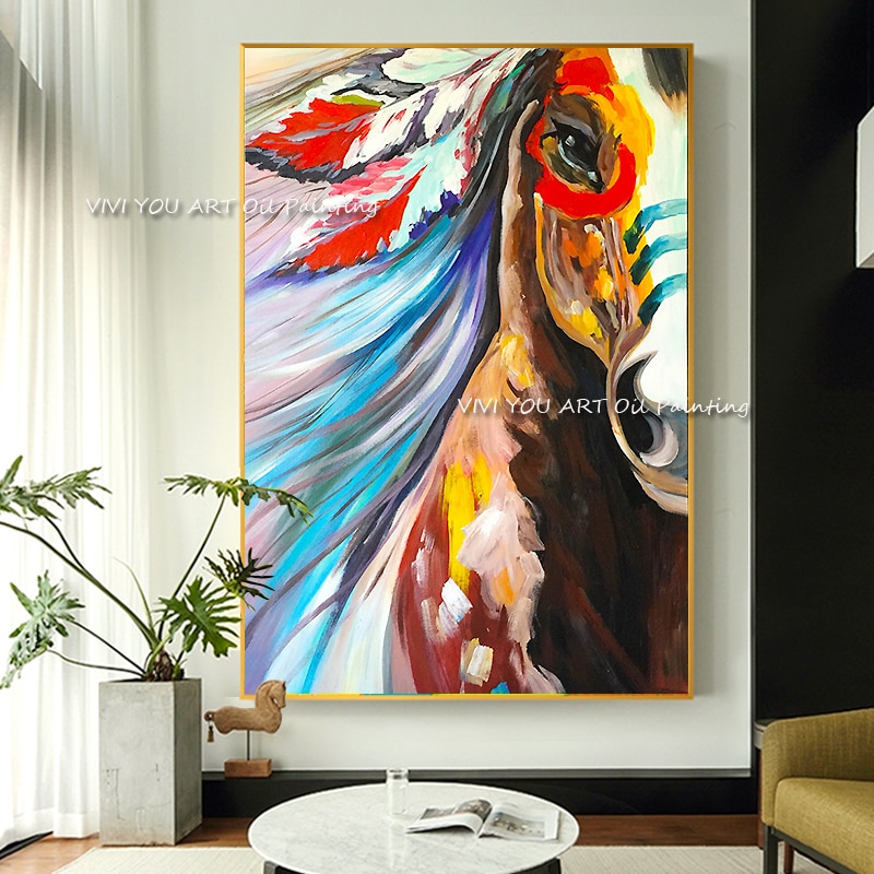 New Handmade Colorful Indian Horse Mural Oil Painting On Canvas Animal Wall Arts Picture For Office Living Room Creative Decor 3