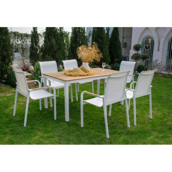 7 Piece Outdoor Cutlery Set, Luxury Faux Wood Top and Arms Commercial Grade Powder Coated Aluminum Base 2