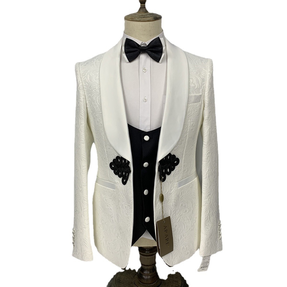 3 Pcs Set Suit Coat Pants Vest / 2022 New Men's Casual Dark Pattern Wedding Banquet Host Dress Blazers Jacket Trousers Waistcoat 2