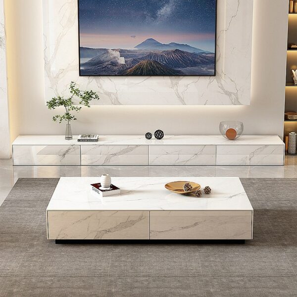 White Luxury Glossy Surface Marble Rock Tea Table TV Cabinet Modern Simple Living Room Household Storage Cabinet Large Tables 1
