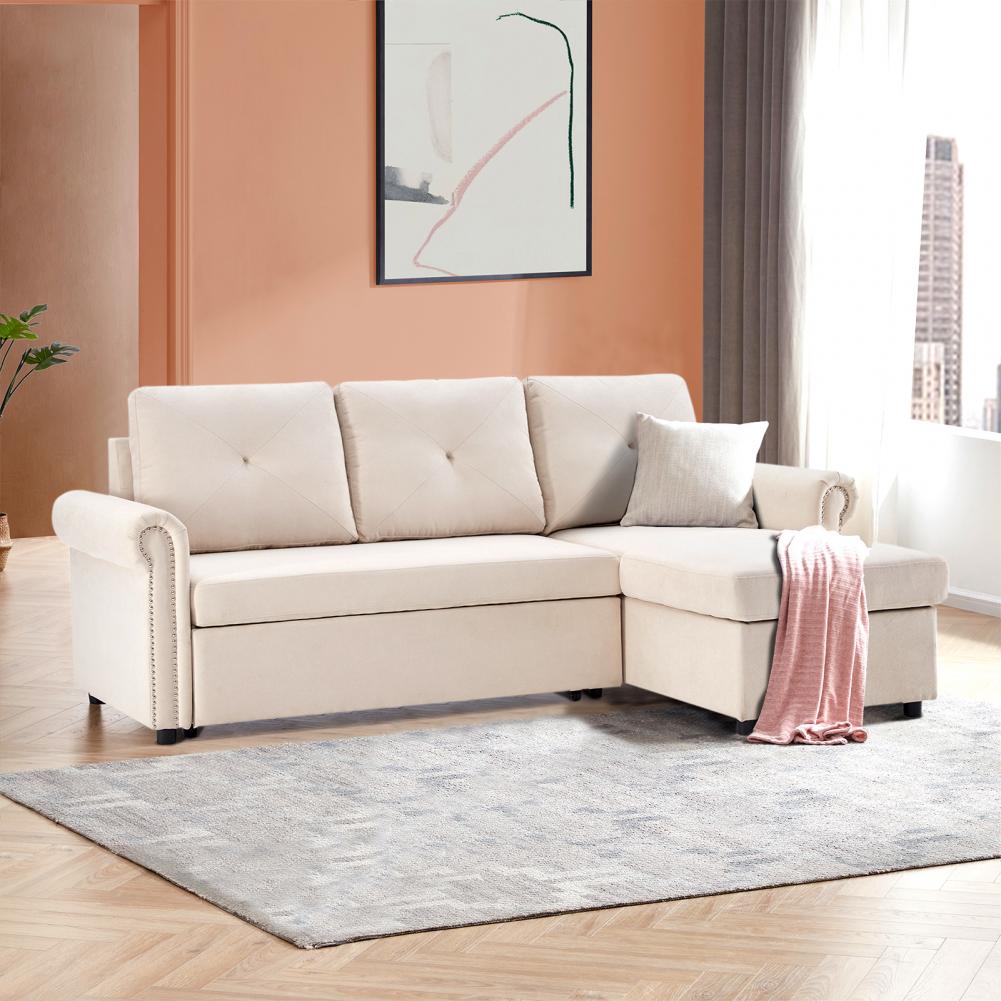 1 Set Sectional Sofa Wear Resistant Good Load Capacity Polyester 3-seater L Shaped Couch Bed for Home Convertible Couch 4
