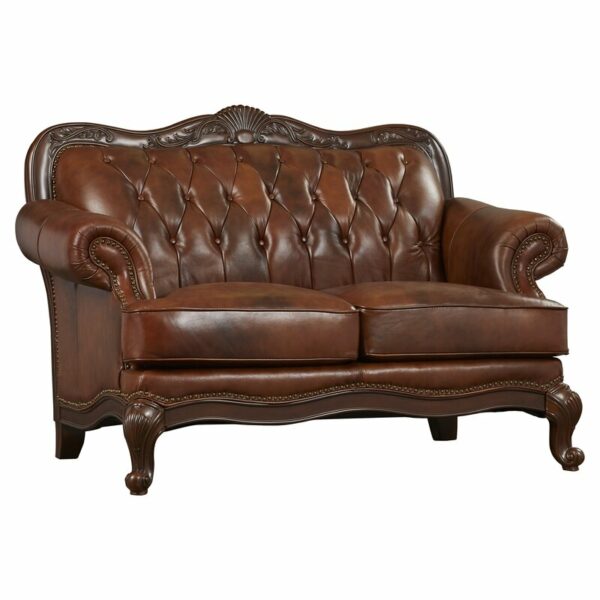 Modern Classic Vintage Design Brown Leather Flared Roll Arm Solid Wood Leg Sofa Lovers 43"H x 64"W x 39"D 2
