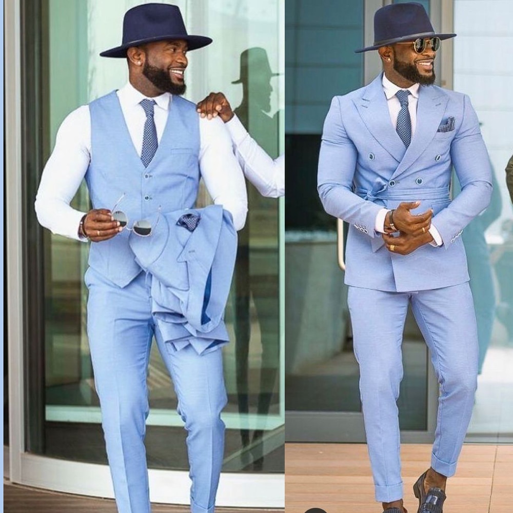 Summer Slim Fit Sky Blue Suits For Men Double Breasted Jacket 3 Piece Costume Homme Casual Blazers Beach Wedding Custom Made 1
