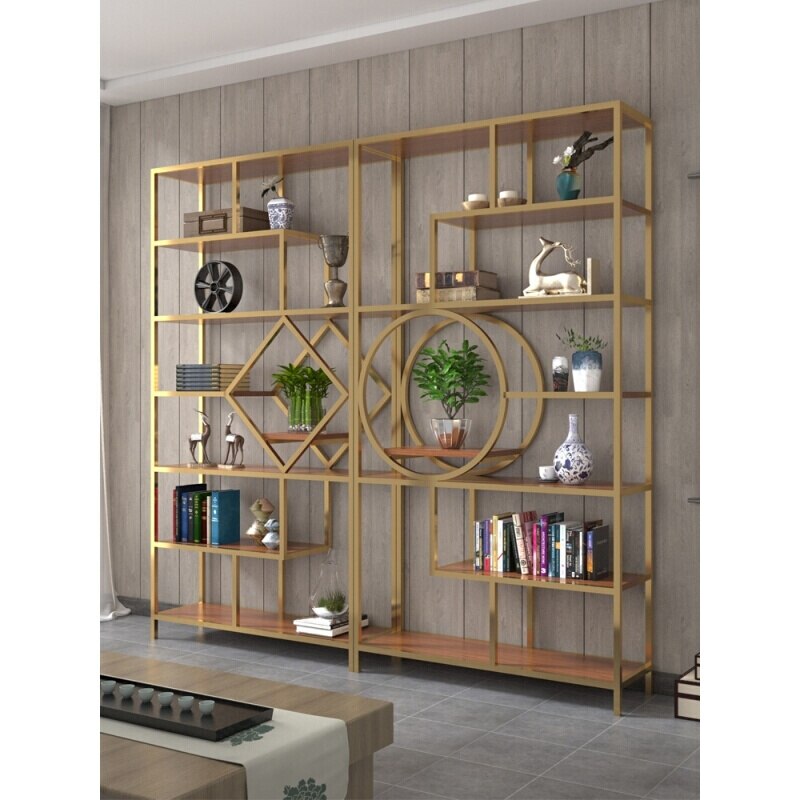 Office partition Nordic bookshelf floor metal gold shelf decoration creative light luxury floor multi-layer 2