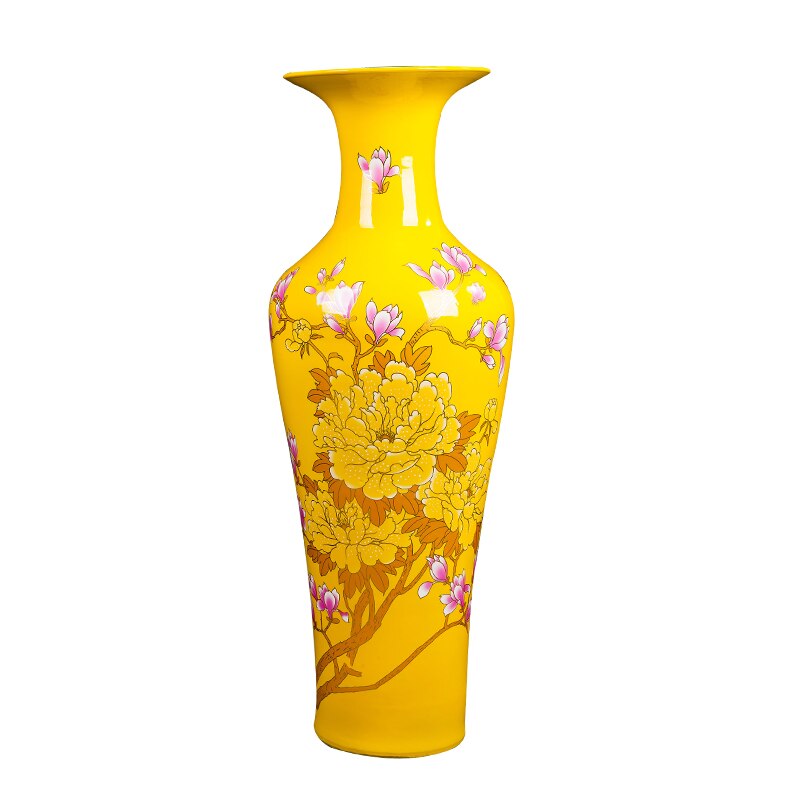 Jingdezhen Ceramics Chinese Red Peony Flower Living Room High-Grade Yellow Black Floor Large Vase New House Decoration Ornaments 1