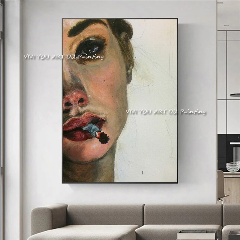 100% Handmade Abstract Women Smoking Portrait Oil Painting Large Size Wall Art Modern Office Wall Canvas Home Decoration Gift 1