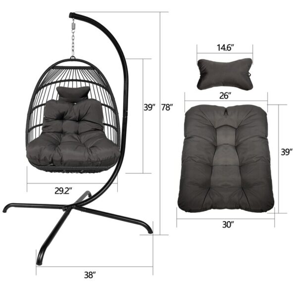 Swing Egg Chair with C-Bracket, Rattan Patio Hanging Basket, Folding Hanging Chair with Cushion and Pillow, Black (In Stock) 6