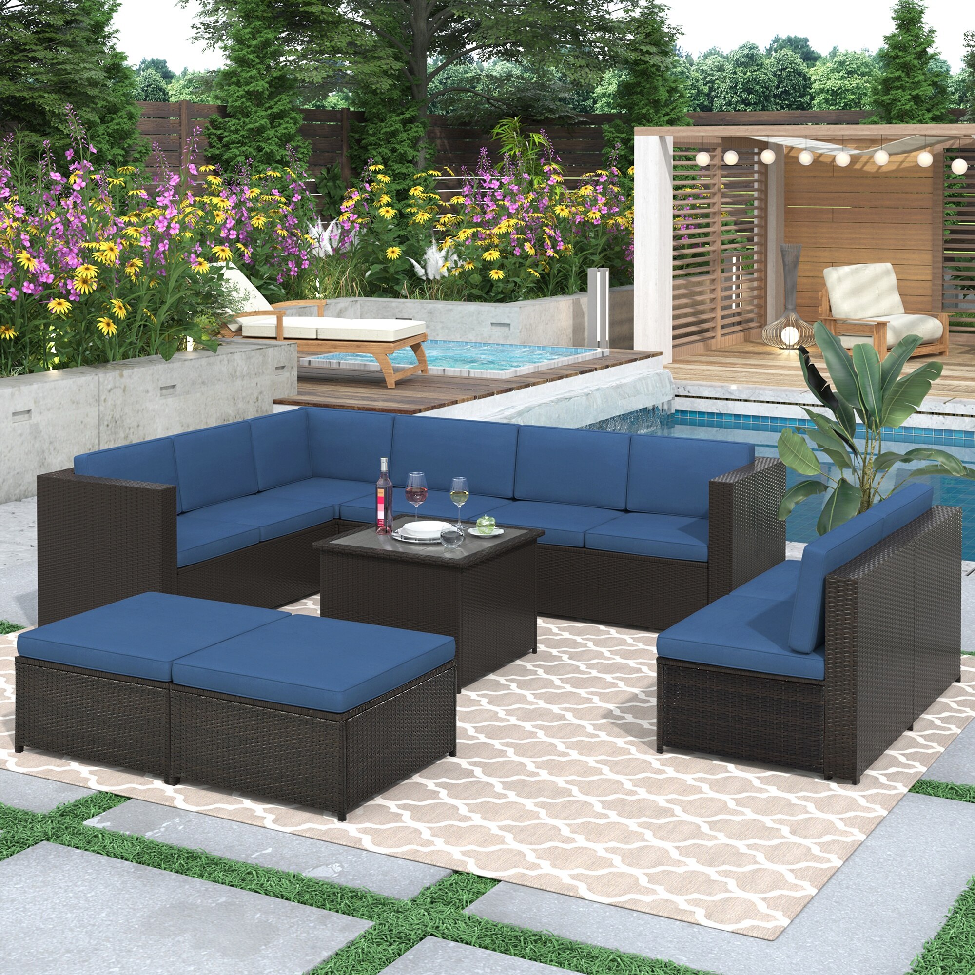 9 Piece Rattan Sectional Seating Group With Cushions And Ottoman Patio Furniture Sets Outdoor Wicker Sectional Garden Sofas