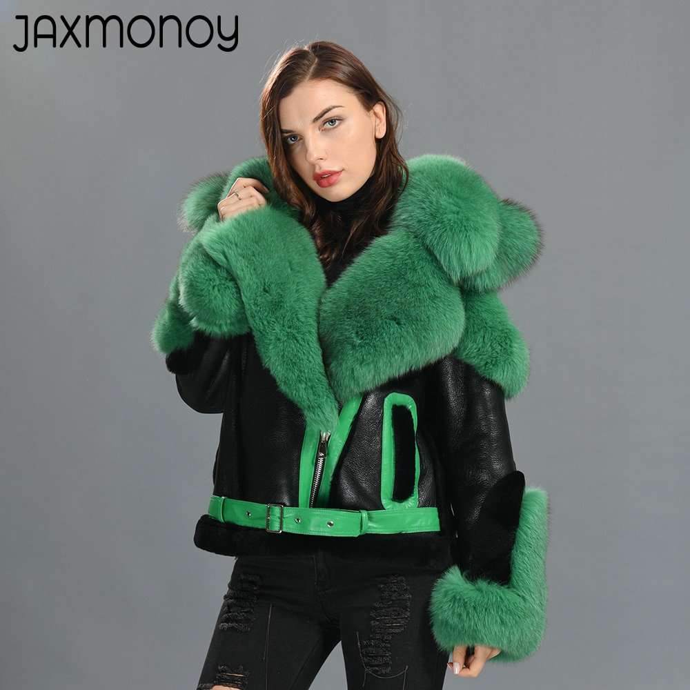 Jaxmonoy Women Shearling Coat Big Real Fox Fur Collar Ladies Sheep Fur Toscany Jacket 2022 New Thick Warm Genuine Leather Jacket 1