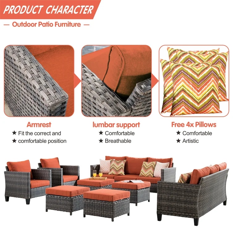 Outdoor Garden Patio Furniture 10-Piece PE Rattan Wicker Sectional Cushioned Sofa Sets with Pillows and footstool 4
