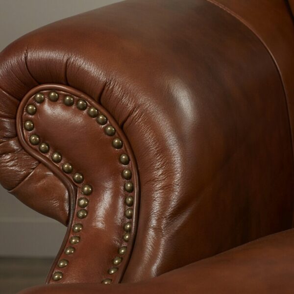 Modern Classic Vintage Design Brown Leather Flared Roll Arm Solid Wood Leg Sofa Lovers 43"H x 64"W x 39"D 6