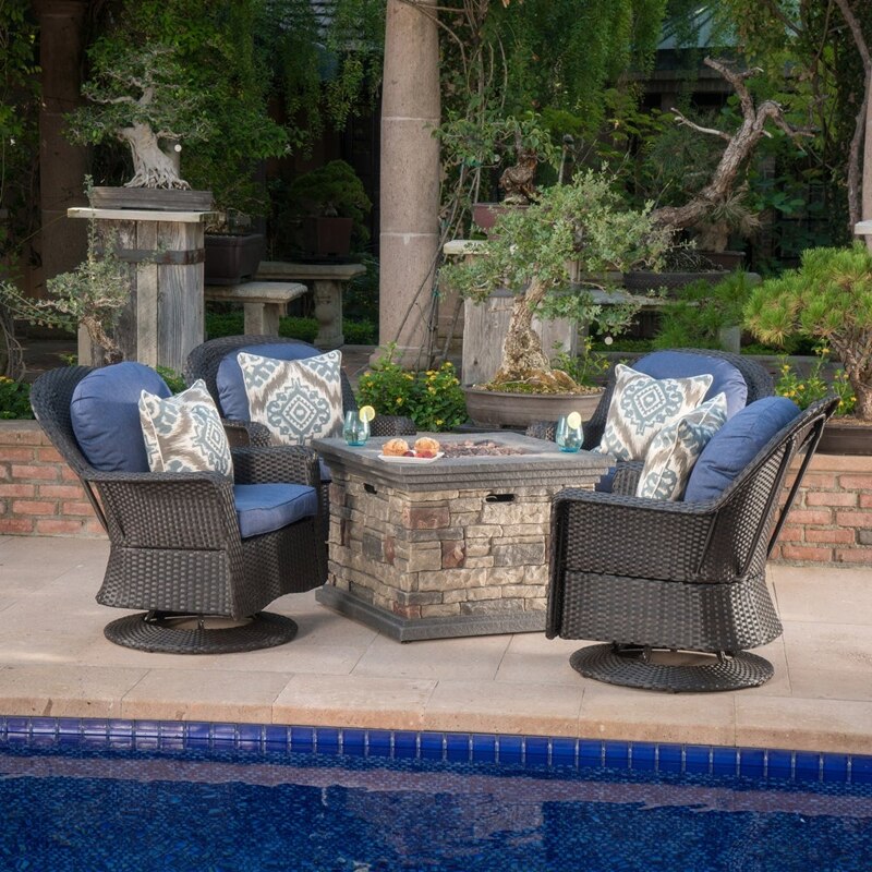 Outdoor Furniture Set of 5 Wicker Swivel Club Chair with Fire Pit, Dark Brown Wicker + Blue Cushions 2