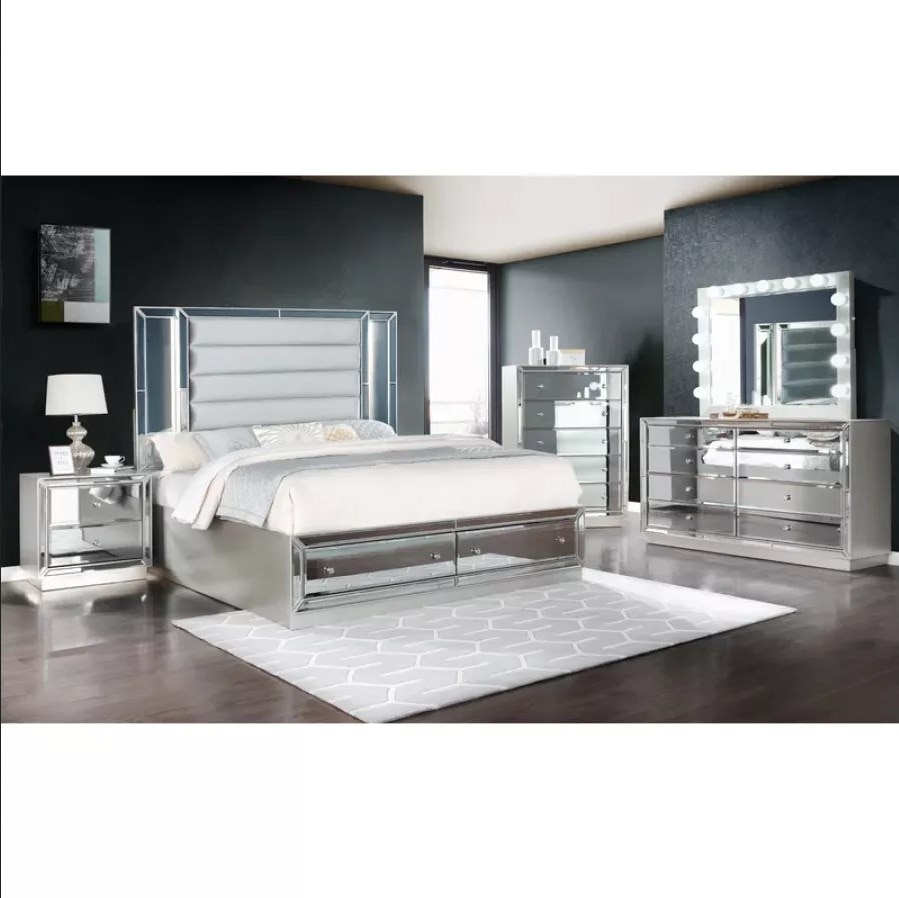 Mirrored Bedroom Furniture 5 PCS Bedroom Set Include Queen Bed Frame 2 Nightstand Dresser and Mirror Luxury Furniture 1