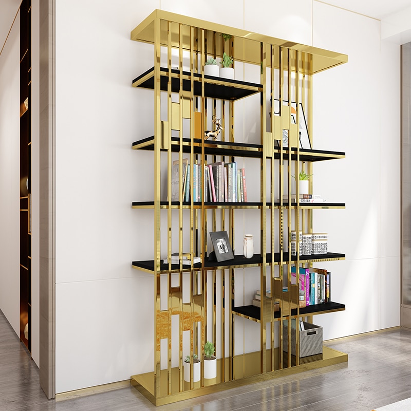 Light luxury modern stainless steel bookshelf study bookcase simple storage shelf living room display shelf 1