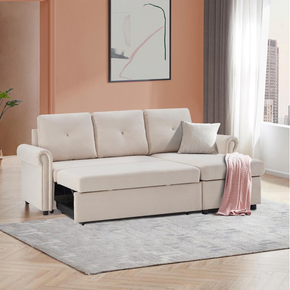 1 Set Sectional Sofa Wear Resistant Good Load Capacity Polyester 3-seater L Shaped Couch Bed for Home Convertible Couch 2