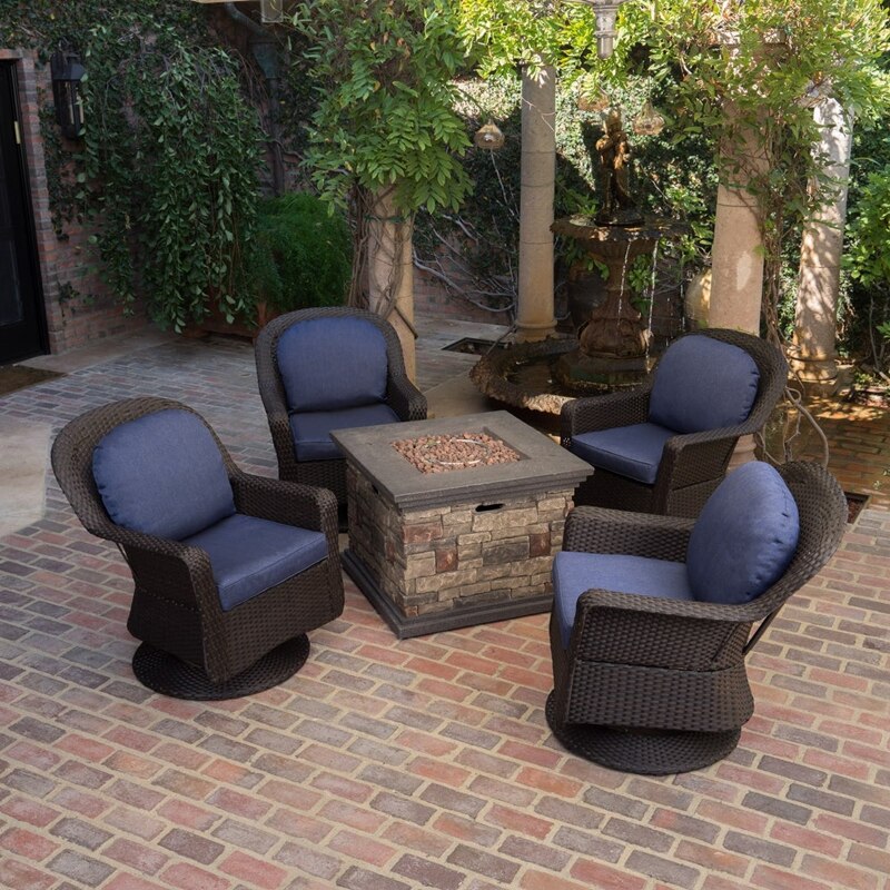 Outdoor Furniture Set of 5 Wicker Swivel Club Chair with Fire Pit, Dark Brown Wicker + Blue Cushions