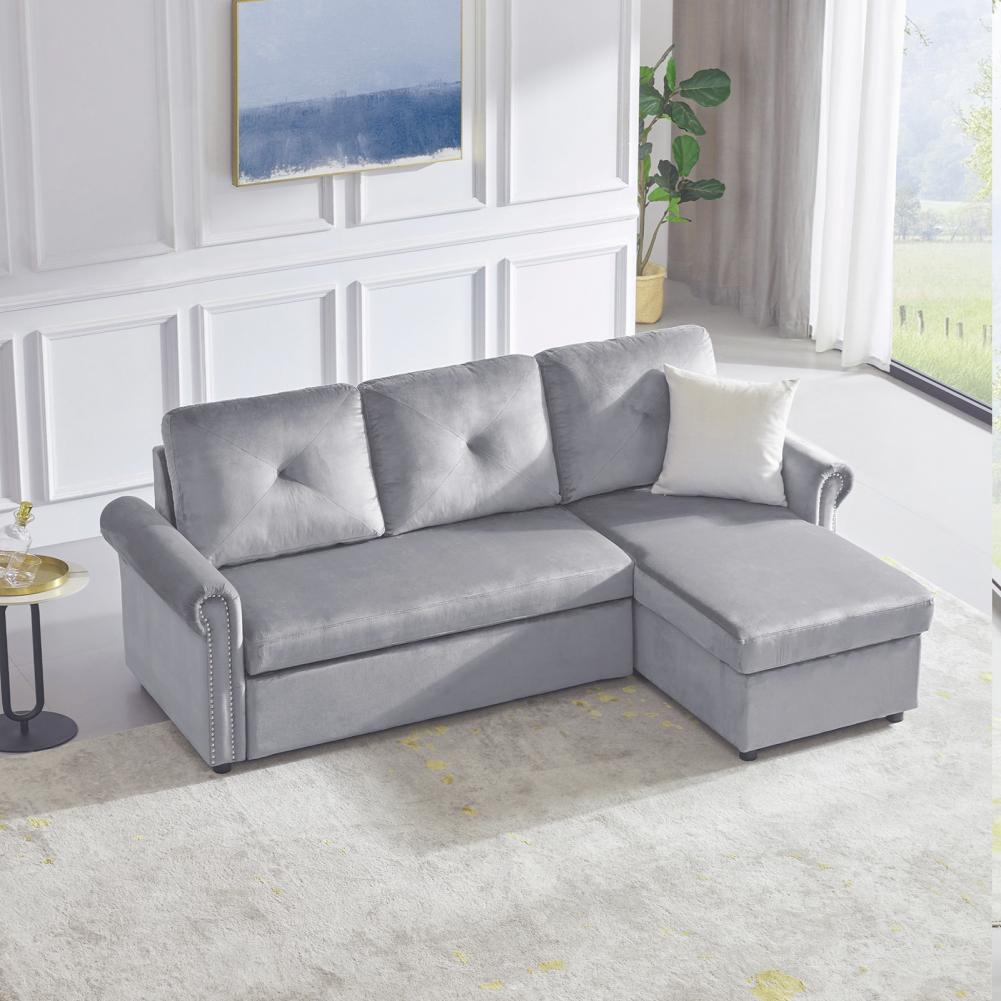 1 Set Sectional Sofa Wear Resistant Good Load Capacity Polyester 3-seater L Shaped Couch Bed for Home Convertible Couch 6