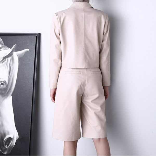 Two Piece Pants Suits Women Harajuku Genuine Leather Pockets Short Jacket Female Lambskin Handsome White Midi Long Shorts Sets 2