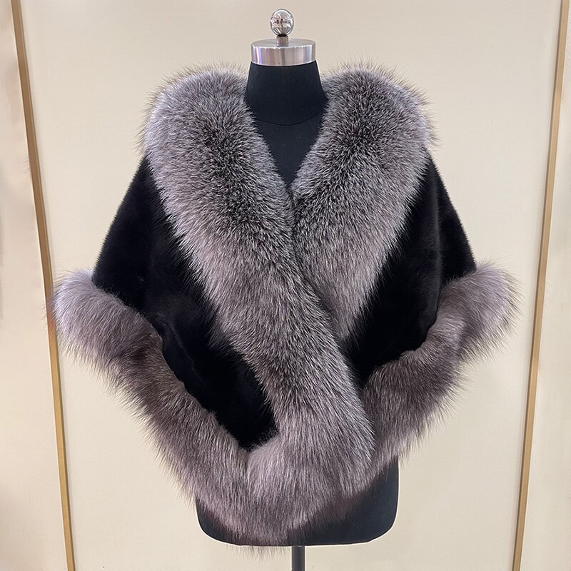 Women's Real Mink Fur Poncho With Genuine Fox Fur Trim Fashion Real Fur Cape Luxury Wedding Shawl Winter Warm Coat S7436 4