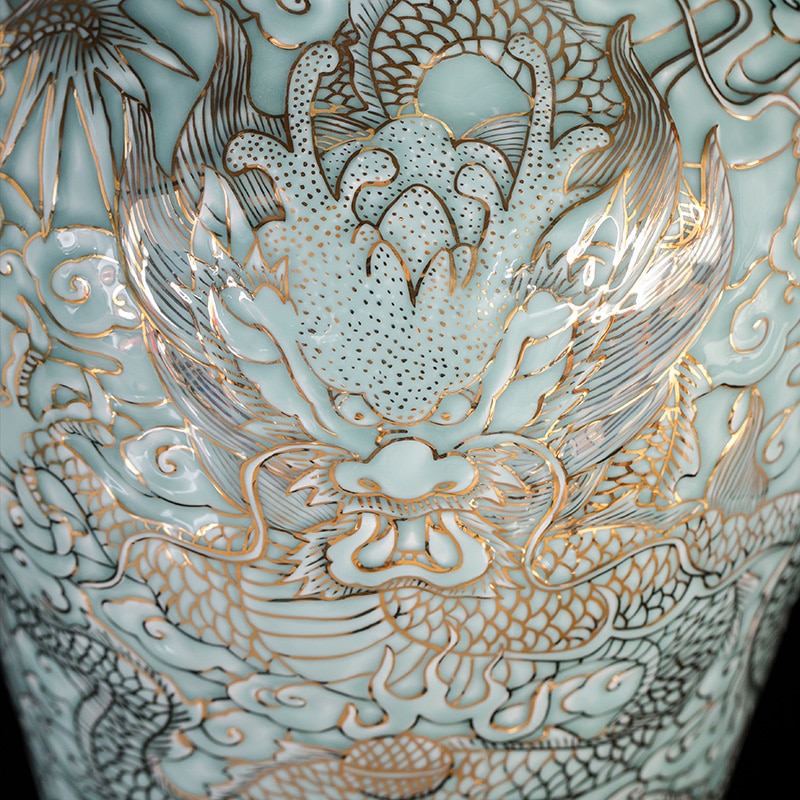 Jingdezhen Ceramics Powder Celadon Glaze Carved Dragon Pattern Light Luxury Gold Painting Large Vase Decoration Living Room 3
