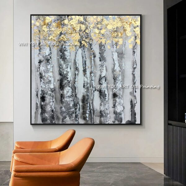 Foil Gold Forest Tree Hand Painted Oil Paintings on Canvas Abstract Large Painting Wall Picture for Home Office Brush Decor 5