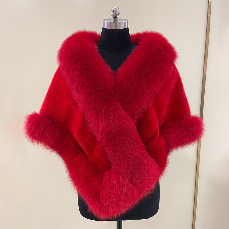 Women's Real Mink Fur Poncho With Genuine Fox Fur Trim Fashion Real Fur Cape Luxury Wedding Shawl Winter Warm Coat S7436 5
