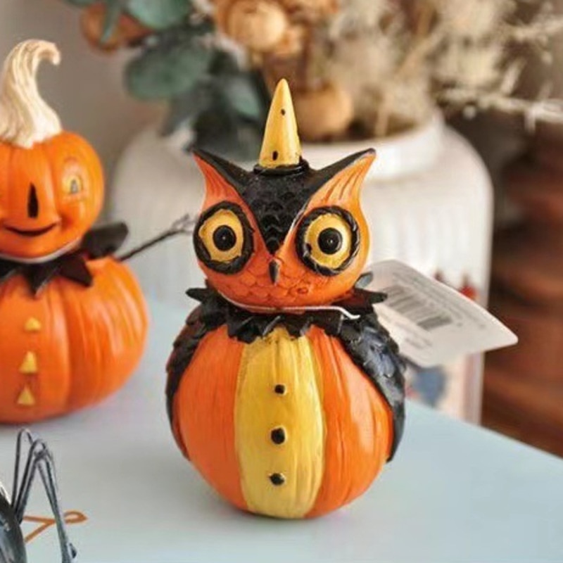 4pcs/set Halloween Pumpkin Statue 11cm Owl Bat Spider Pumpkin Sculpture Ornaments Halloween Gifts Home Decoration 4